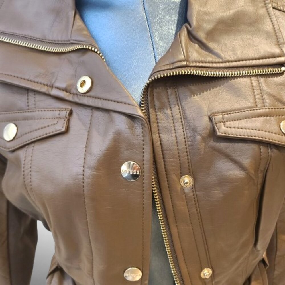 GUESS Los Angeles Brown Belted Faux-Leather Moto Jacket – Size M - Picture 3 of 9